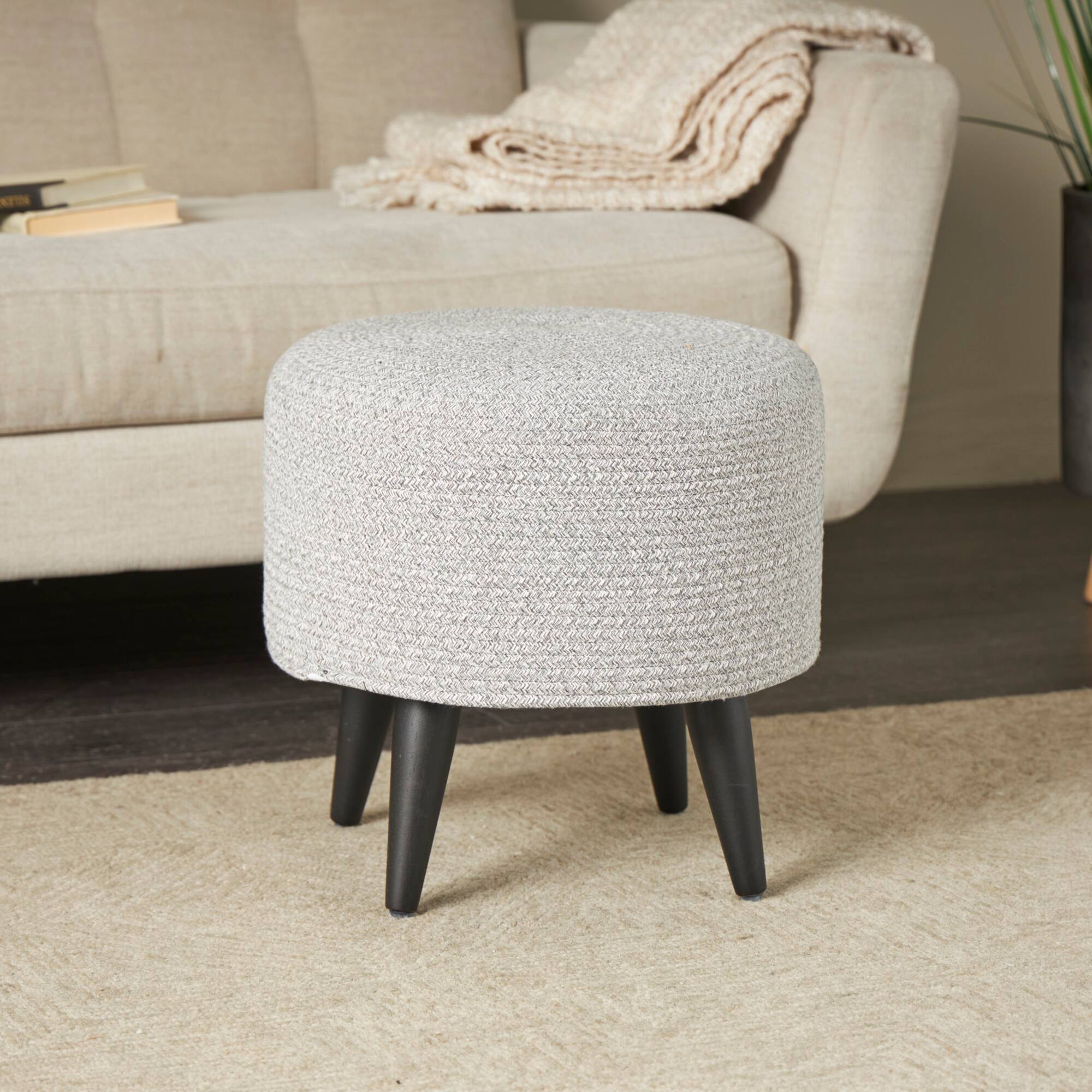 17" Chevron Textured Fabric Stool with Black Wooden Legs